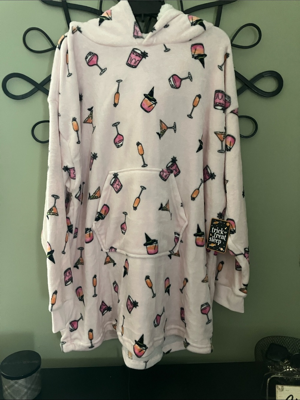 Plush Pink Hooded Lounge Robe with Cocktail Print